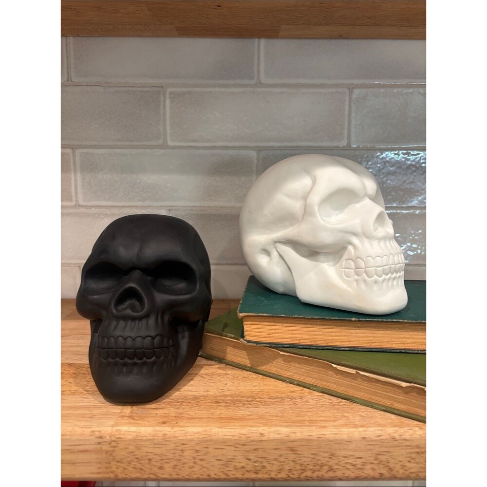 Pair of Plastic Skulls in Black and White Halloween Accent Decor Gothic Skeleton